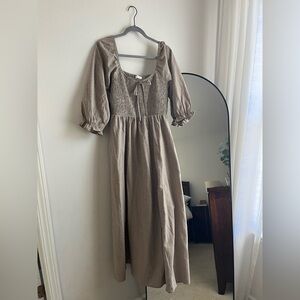 Neuflora Daytona Dress - Smocked Square-Neck Maxi Dress in Taupe, Size small